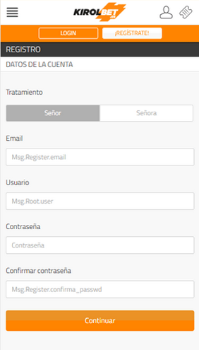 Formulario de registro en la aplicación móvil de Kirolbet