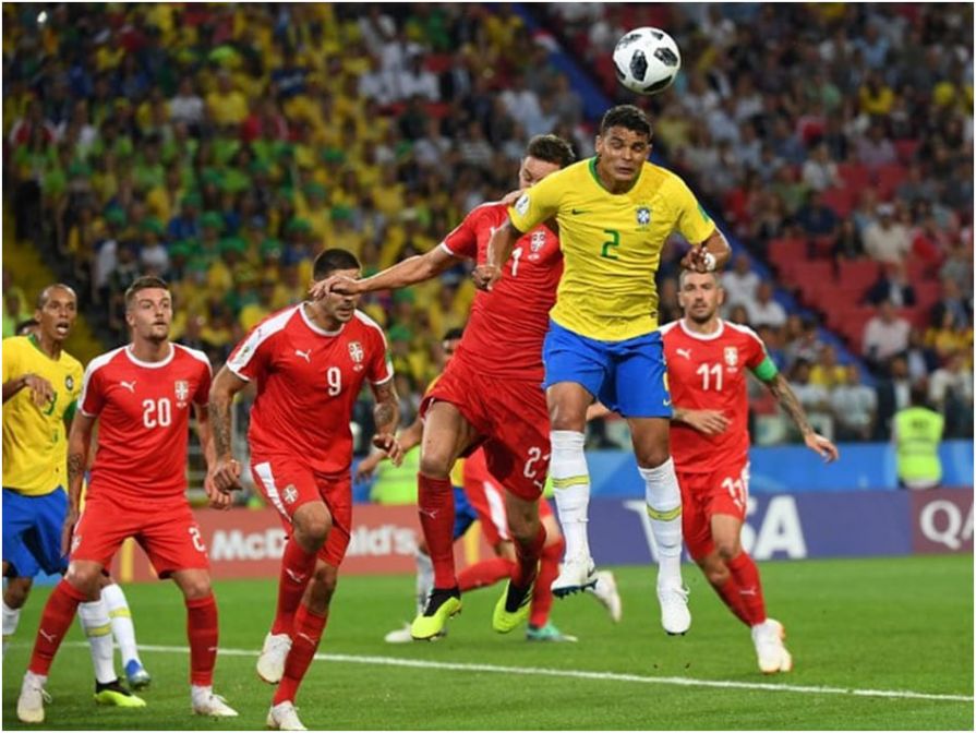 Thiago Silva scores a header against Serbia in the 2018 World Cup