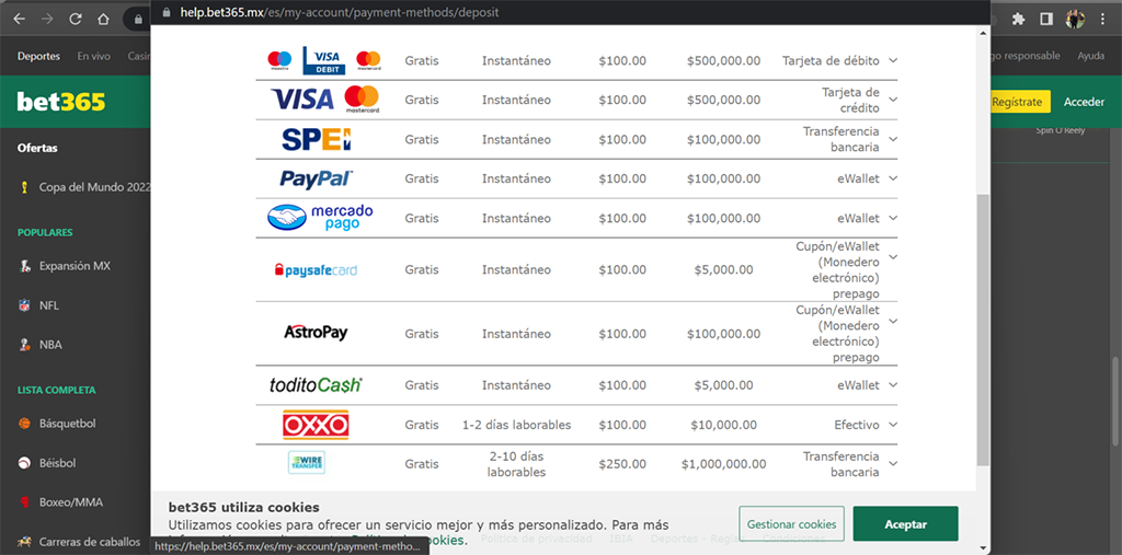 Métodos de pagos disponibles con sus respectivos plazos de espera en Bet365 México