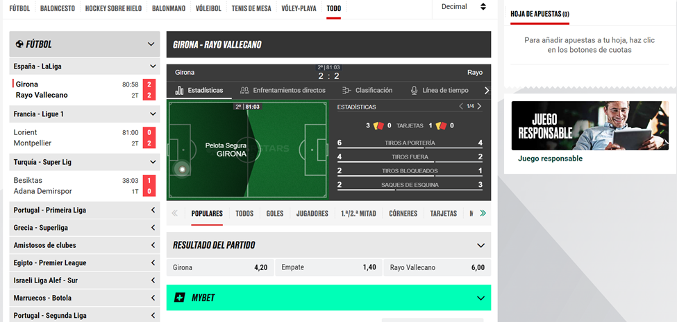 Interfaz de la página en un partido de fútbol en vivo