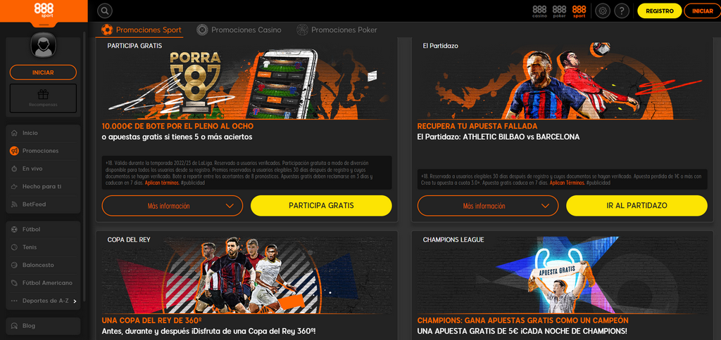 Sección de promociones del sitio web de 888Sport
