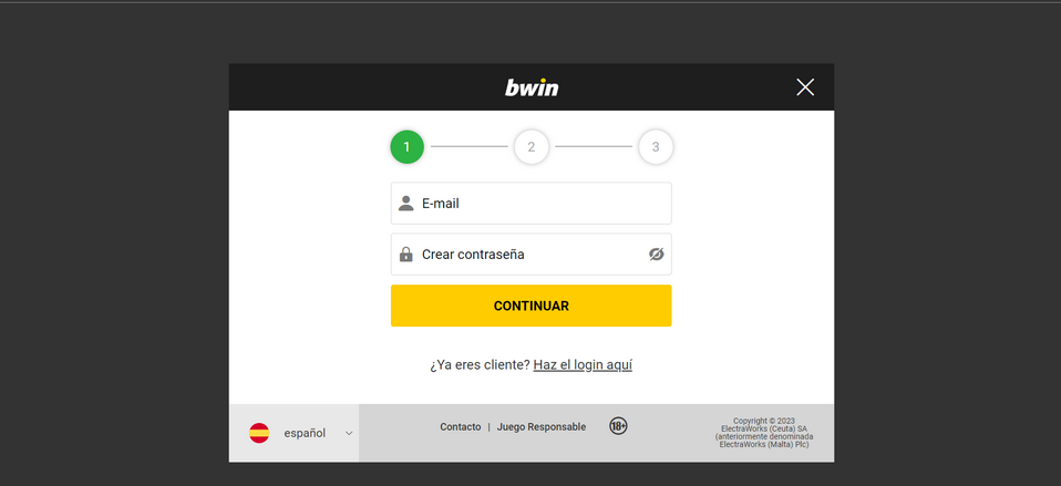 Formulario de inscripción en el sitio web de Bwin