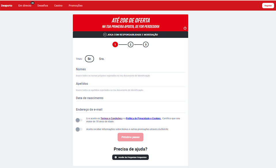Formulário de Registo Betclic
