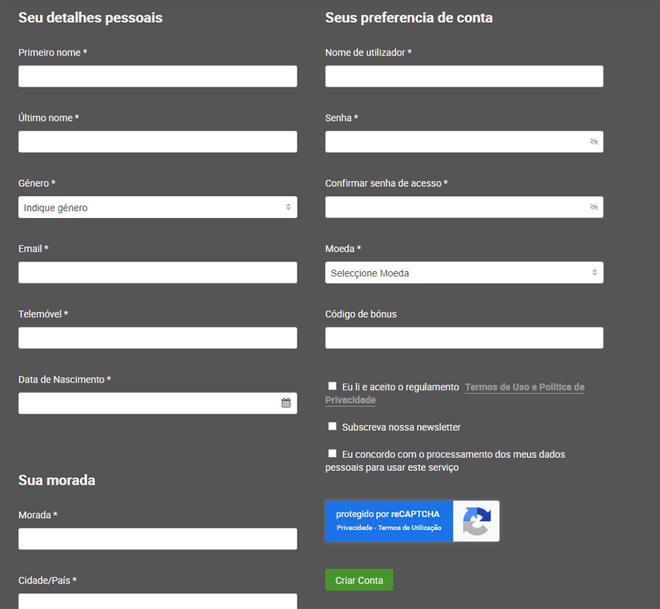 Formulário de Registo  LSBet