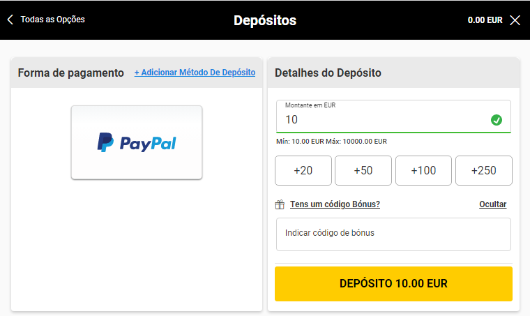 Depósito com campo “Código Bónus” Bwin