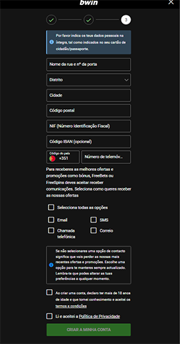 Formulário de Registo Janela 3/3 bwin