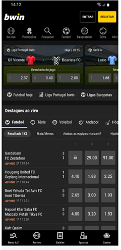 App Página Inicial  bwin e Formulário de registo Bwin na app