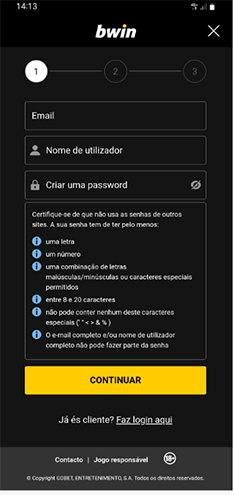 App Página Inicial  bwin e Formulário de registo Bwin na app