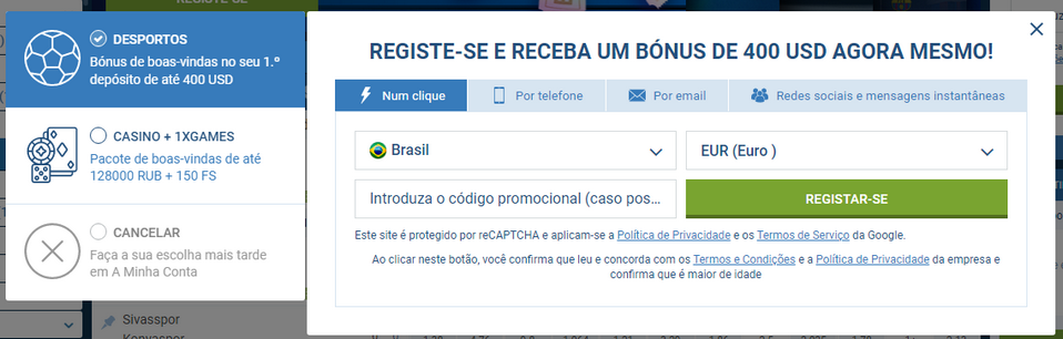 Tipos de registo 1xbet