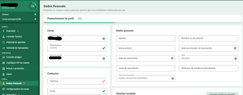 Preenchimento Formulário Dados Pessoais Betwinner