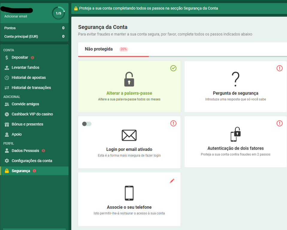 Perfil > Segurança da conta Betwinner